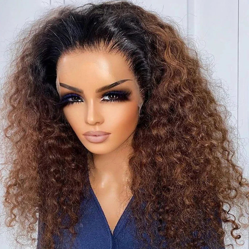 Soft 26 "Long Ombre Honey Blonde Brown 180Density Kinky Curly Lace Front Wig For Black Women BabyHair Glueless Preplucked Daily