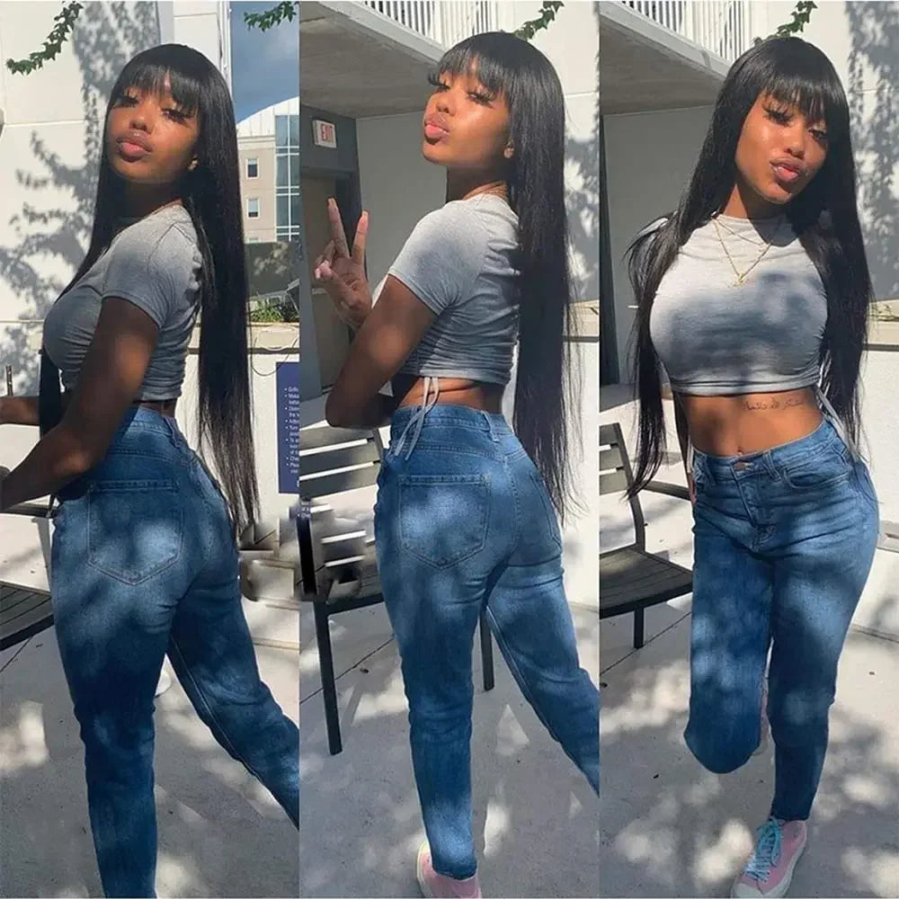 38 40 Inches Straight Full Machine Made Wig with Bangs Natural Human Hair Wig For Women Brazilian Remy Hair  Wig 250 Density