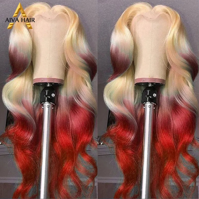 Pink Red Color Synthetic Body Wave Wig 30Inch Transparent 13X4 Lace Front Ombre Honey Blonde Cosplay Wigs For Black Women 180%
