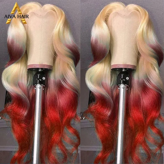 Pink Red Color Synthetic Body Wave Wig 30Inch Transparent 13X4 Lace Front Ombre Honey Blonde Cosplay Wigs For Black Women 180%