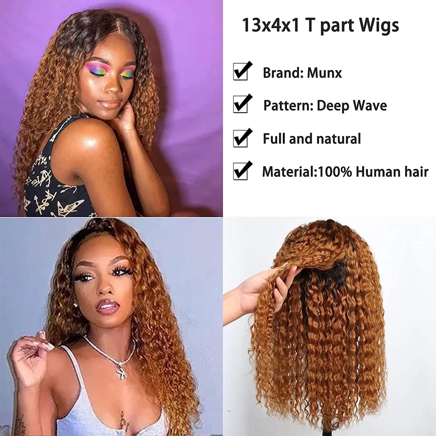 Highlight Curly Wigs T Part Lace Frontal Wigs Human Hair Wig Brown Ombre Lace Front Wig Brazilian Kinky Deep Wave Long Wavy
