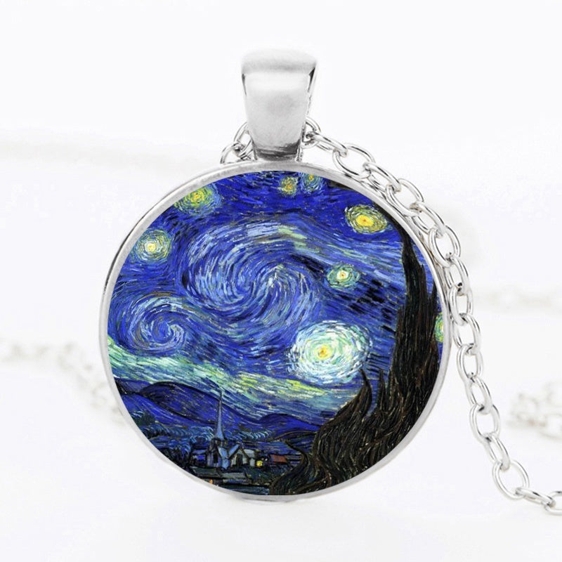 The Kiss Starry Night Sunflower Glass Necklace Van Gogh Klimt Painting Round Pendant Chain Necklaces For Women Girls