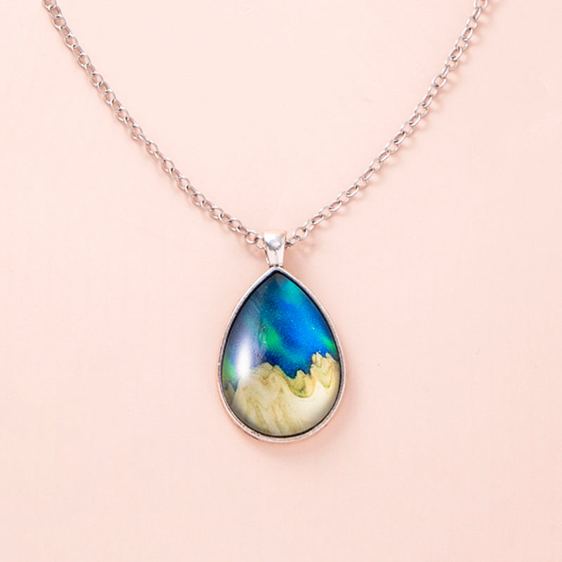 Fashion Aurora Mountains Starry Glass Necklace Silver Teardrop Pendant Necklaces For Women Girls Aesthetic Jewelry
