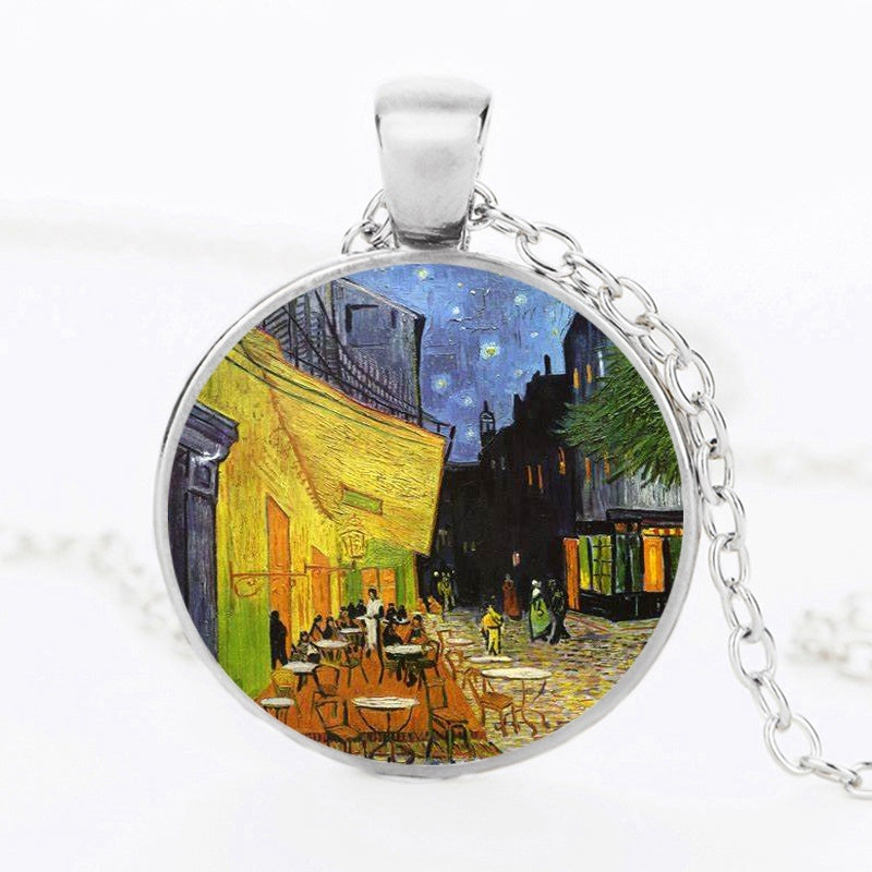 The Kiss Starry Night Sunflower Glass Necklace Van Gogh Klimt Painting Round Pendant Chain Necklaces For Women Girls