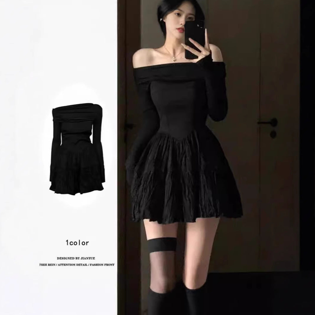 Off-shoulder Elegant Black Design Pleated Long Sleeve Dress Spring And Autumn Women