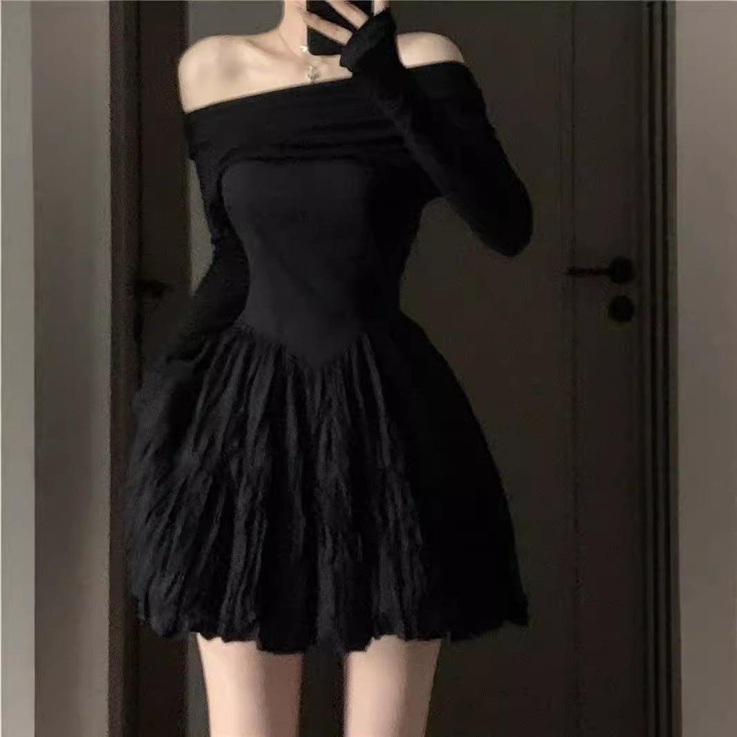 Off-shoulder Elegant Black Design Pleated Long Sleeve Dress Spring And Autumn Women