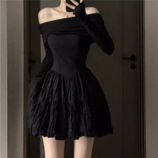 Off-shoulder Elegant Black Design Pleated Long Sleeve Dress Spring And Autumn Women