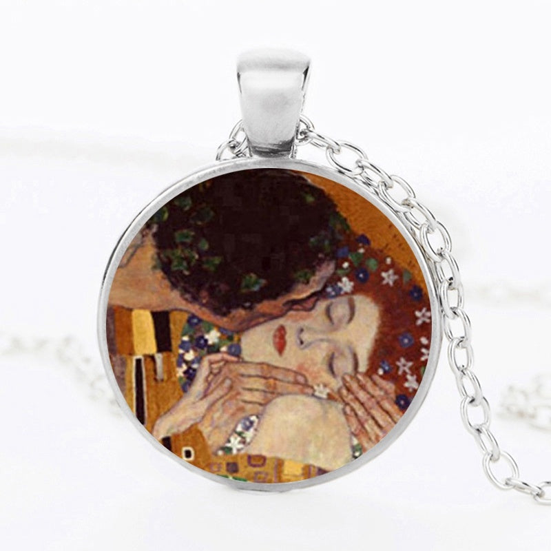 The Kiss Starry Night Sunflower Glass Necklace Van Gogh Klimt Painting Round Pendant Chain Necklaces For Women Girls