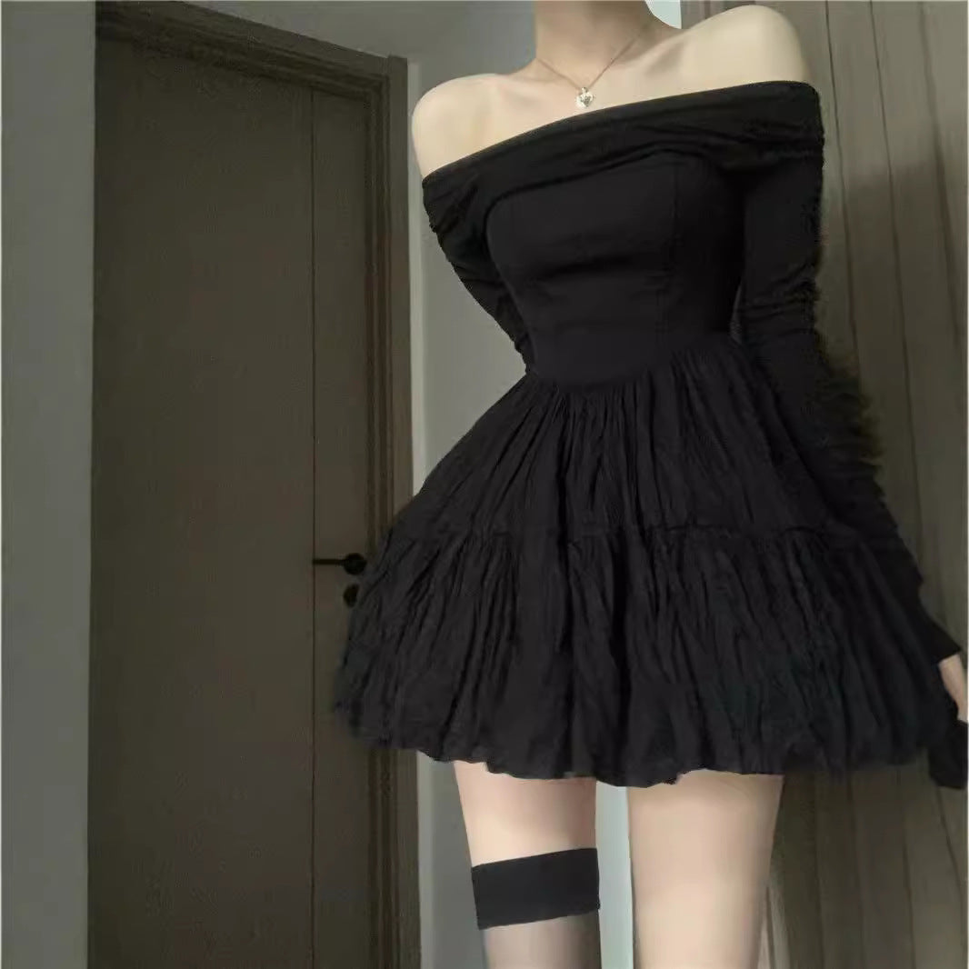 Off-shoulder Elegant Black Design Pleated Long Sleeve Dress Spring And Autumn Women